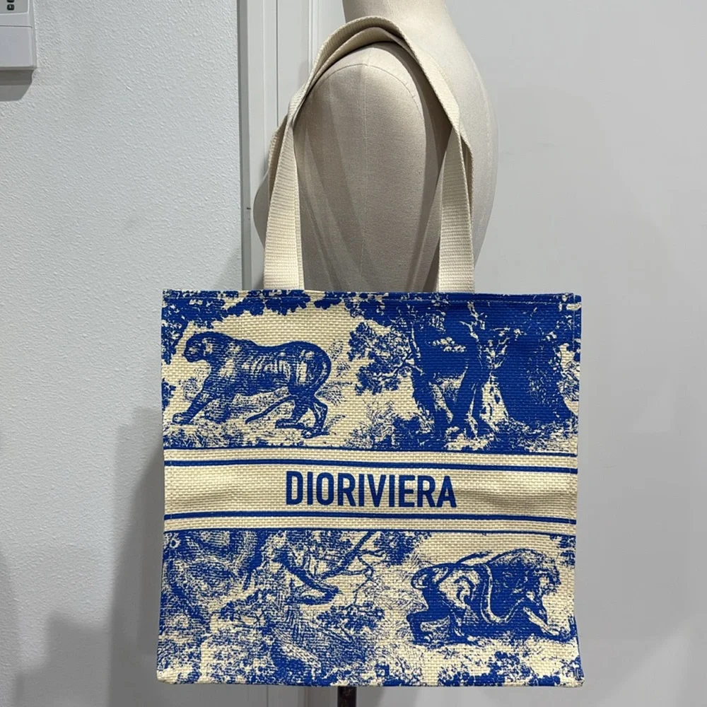 Dior Straw Dioriviera VIP Shoulder Bag Christian Dior Blue Toile Print Tote Bag